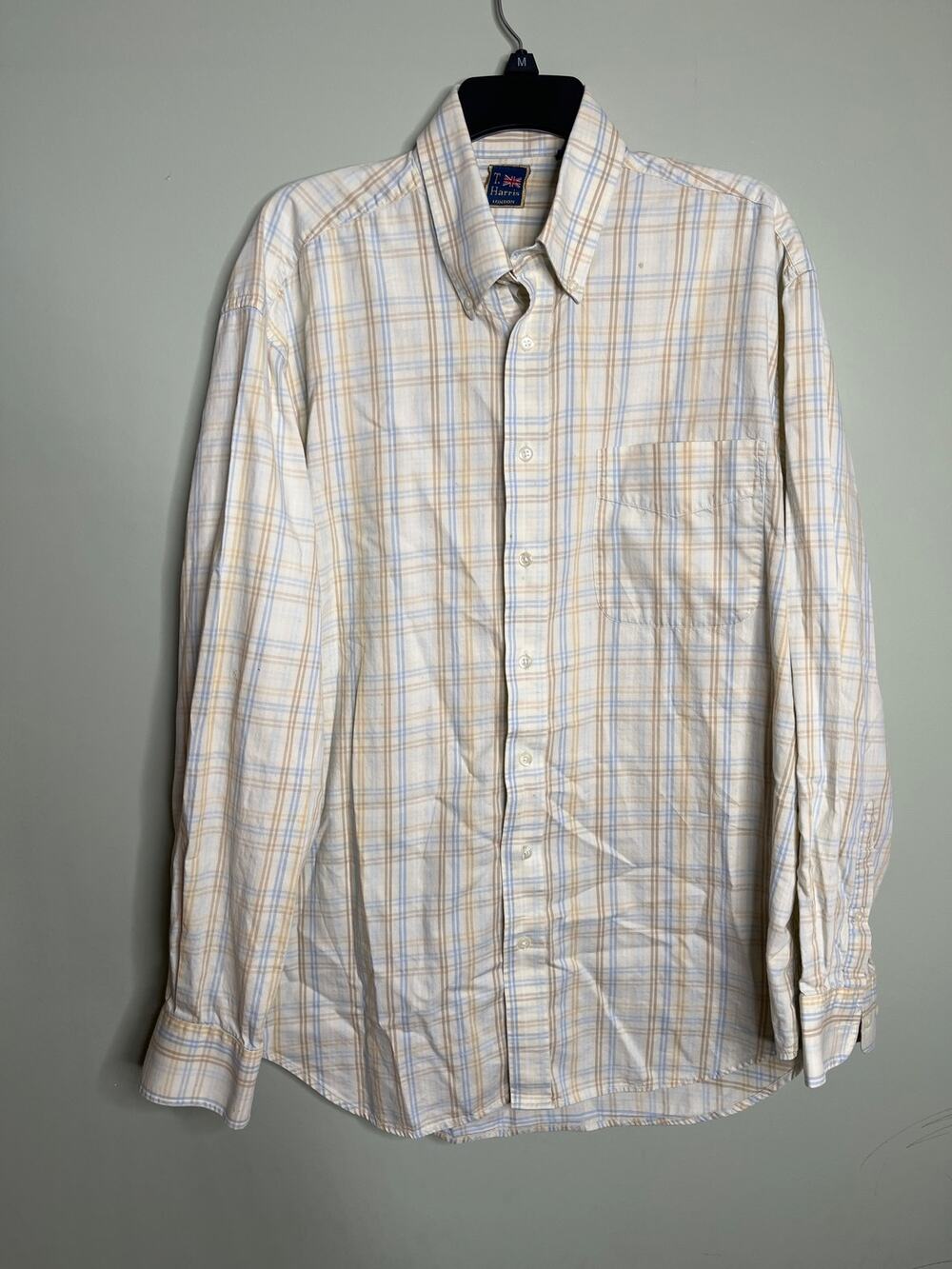 T Harris London Beige Blue Plaid Button Up XL